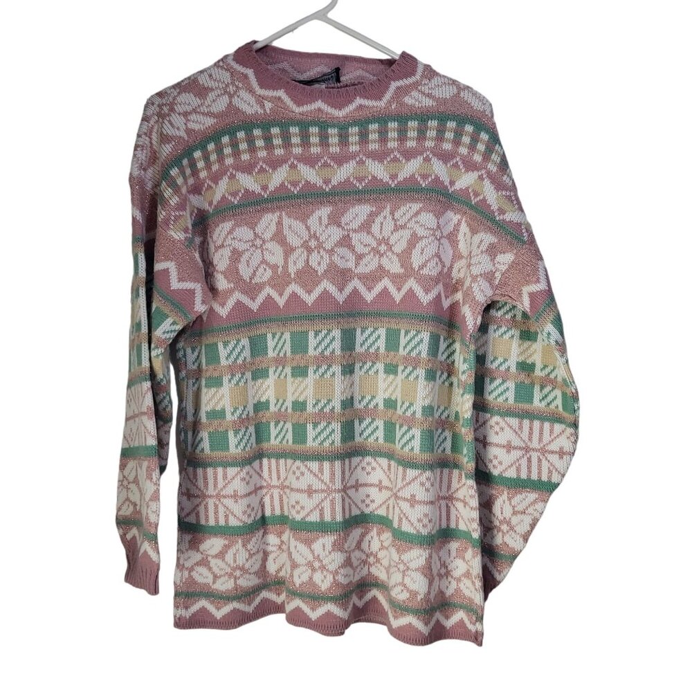 VTG Womens SM Pastel Pink Green Snowflake Pattern Ugly Sweater USA Ski Cottage
